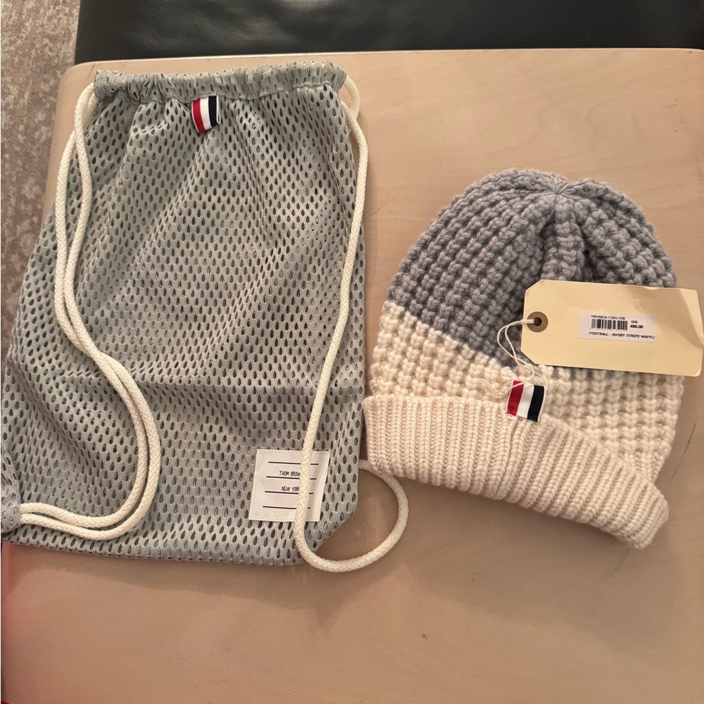Thom Browne Gray and White Knit Hat with Iconic Stripe